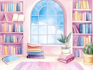 This captivating watercolor scene showcases a quaint bookshop filled with inviting pastel hues and vibrant book spines  creating a serene and enchanting atmosphere that invites and discovery