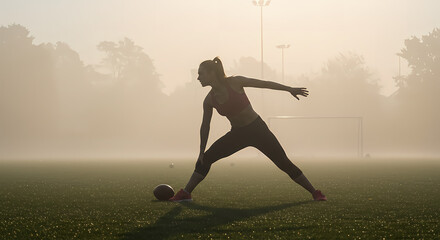 Silhouette of a dedicated female athlete performing a warm-up stretch on a foggy sports field at sunrise.