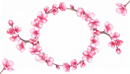 Obraz premium wreath of blossom pink cherry flowers in watercolor style with white background. Set of summer blooming japanese sakura branch decoration