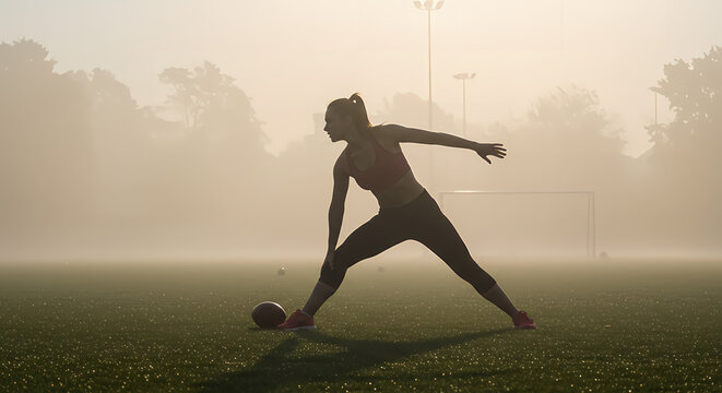 Silhouette of a dedicated female athlete performing a warm-up stretch on a foggy sports field at sunrise.