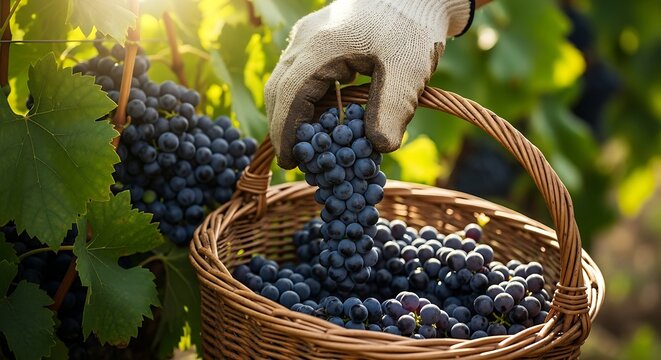 Harvesting ripe grapes in a vineyard on a sunny day adding them to a wicker basket - Powered by Adobe