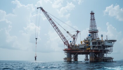 Fototapeta premium Offshore Oil Platform and a Person Suspended by a Crane