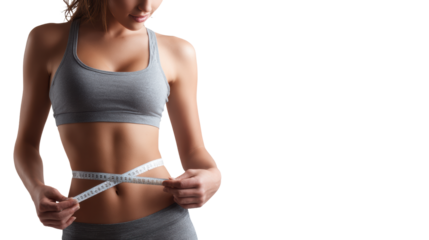A woman measuring her waist with a tape measure, showcasing fitness and healthy living.