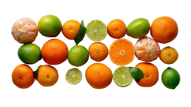 A vibrant assortment of fresh oranges, limes, and mandarins on a white isolate background.