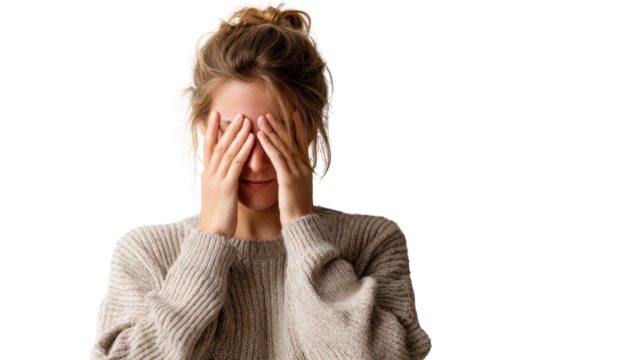 A young woman with hands covering her face, expressing feelings of stress, anxiety, or vulnerability.