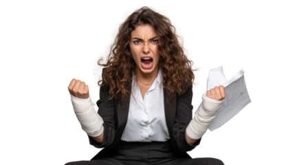 Angry businesswoman yelling with bandaged hands holding papers, isolated on white background.