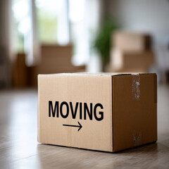 Cardboard box labeled 'moving' in a new home environment.
