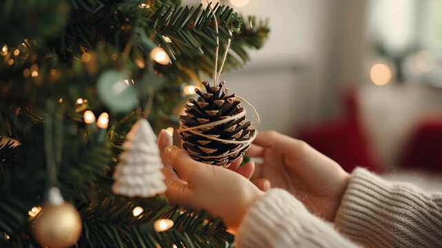 Eco Christmas tree decoration with pinecone ornament and warm linen sleeves