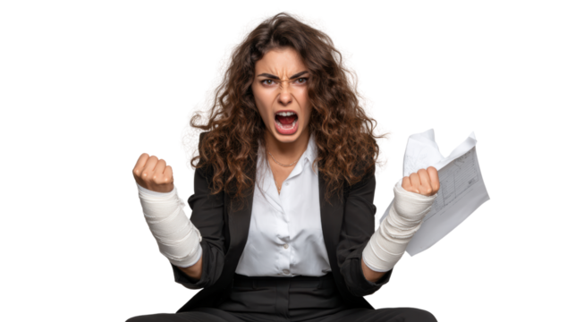 Angry businesswoman yelling with bandaged hands holding papers, isolated on white background. - Powered by Adobe