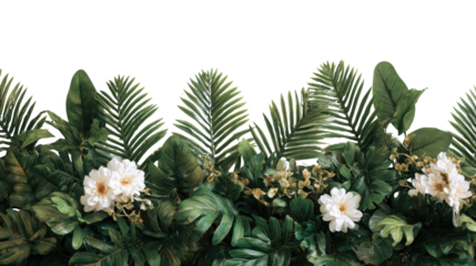 Beautiful arrangement of tropical leaves and white flowers on a transparent background.