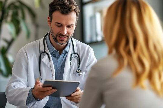 Doctor sitting with a patient, explaining test results on a digital tablet, warm and professional atmosphere, ultra-realistic
