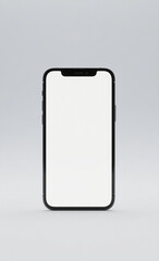 Modern black smartphone with a blank white screen, presented as a mockup template, isolated on a simple light gray background.