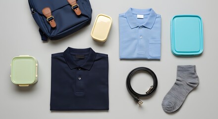Flat lay of neatly arranged casual menswear and lunch containers for school or work.