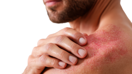 Close-up of a man with skin irritation on his shoulder showing discomfort.