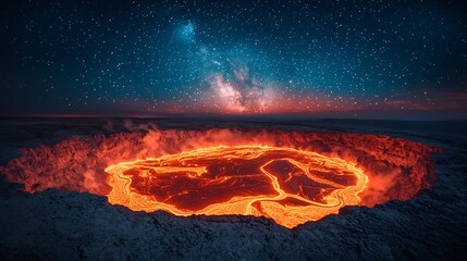 Glowing volcanic crater at night with lava flowing through rivers of molten rock casting an eerie orange glow against the starry sky above