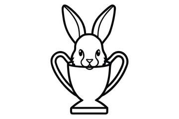 Fototapeta premium Cute rabbit peeking out of a trophy cup in black and white outline style