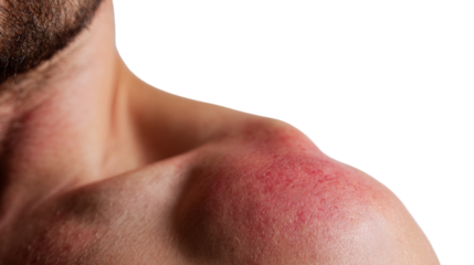 Close-up of a shoulder showing skin irritation on a human body against a white isolate background.