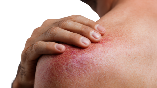 Close-up of a person holding their shoulder, showing signs of discomfort or pain.