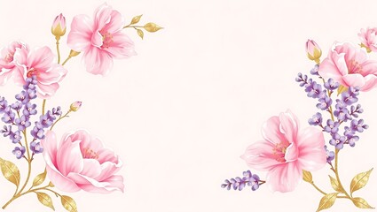 Naklejka premium Blush and lavender floral vector with shimmering gold accents, faded center area perfect for adding custom content