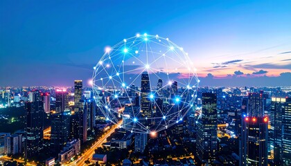 a futuristic cityscape at dusk, overlaid with a glowing, interconnected network sphere, symbolizing global connectivity, smart cities, and digital integration.