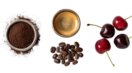 Coffee beans, ground coffee, espresso shot, and fresh cherries on white isolated background.