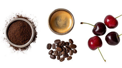 Coffee beans, ground coffee, espresso shot, and fresh cherries on white isolated background.