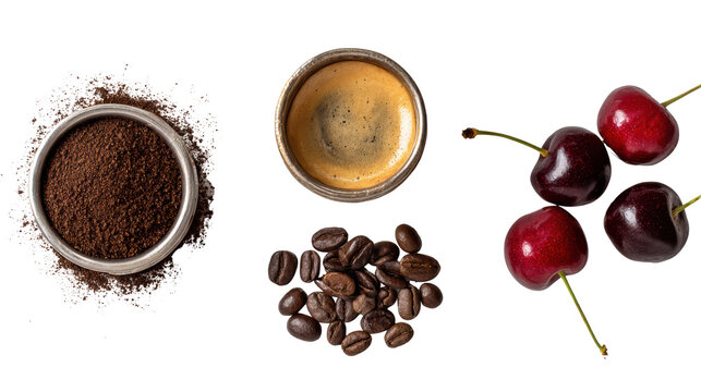 Coffee beans, ground coffee, espresso shot, and fresh cherries on white isolated background.