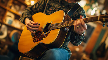 Fototapeta premium A boutique guitar shop with acoustic instruments and friendly staff