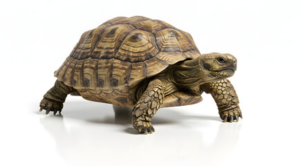 Fototapeta premium ゆっくり歩く亀 白背景 スタジオ撮影 自然光. AI Generated