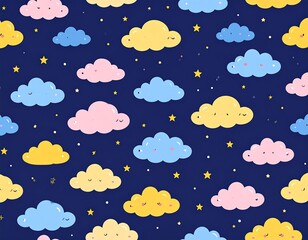 Night sky pattern with pastel clouds and gold stars