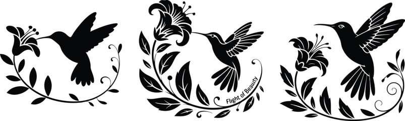Black and White Hummingbird Silhouette Set with Floral Accents, Elegant Designs