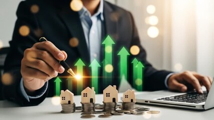 Real estate investment growth concept with miniature houses on stacks of coins and upward trending green arrows, a businessman analyzing data on a laptop - Powered by Adobe