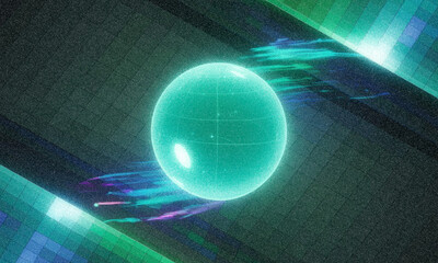 A glowing translucent green oval orb with ethereal light streaks and a textured dark background suggesting a cosmic or futuristic abstract science fiction concept