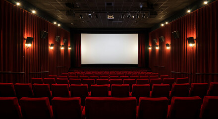 A Classic Cinema Auditorium with Red Velvet Seating and Curtains Facing a Blank Screen
