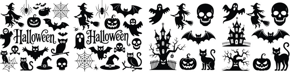 Black Halloween Silhouettes Witches, Ghosts, Bats, Skulls, Haunted Houses, Pumpkins, Cats, Spiders, Owls
