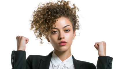 Confident businesswoman with curly hair, raising fists in a powerful pose, white background.