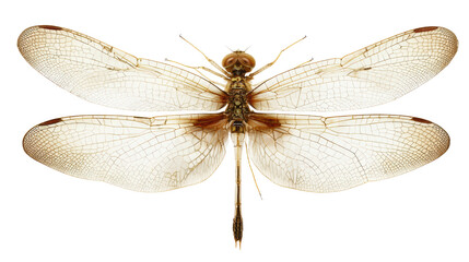 Detailed close-up of a dragonfly with translucent wings, white isolate background.