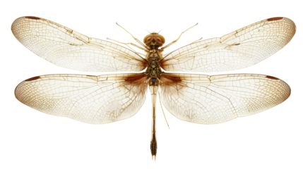 Detailed close-up of a dragonfly with translucent wings, white isolate background.