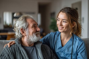 Support worker spends quality time with senior man in cozy living room during afternoon visit, promoting companionship and care