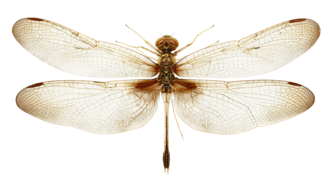 Detailed close-up of a dragonfly with translucent wings, white isolate background.