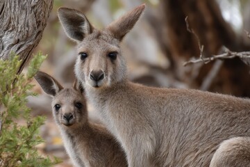 Fototapeta premium Western grey kangaroo with joey peeking out among foliage in natural habitat during daytime in Australia