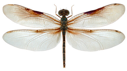 Dragonfly, intricate details and transparent wings, white isolate background.
