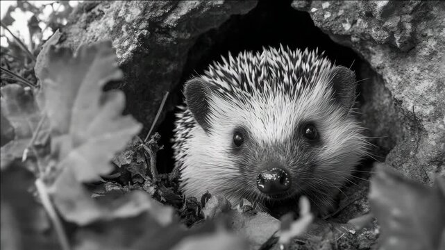 A hedgehog peeking from a hole, seemingly hiding and protected.