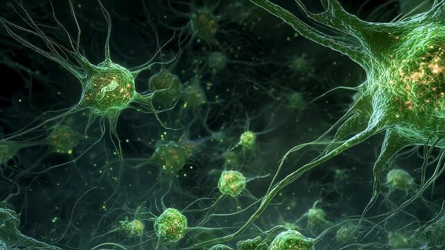 Scientific representation of toxic gas impact on brain cells focusing on greenish sulfurous vapor surrounding neurons and initial olfactory bulb impairment.