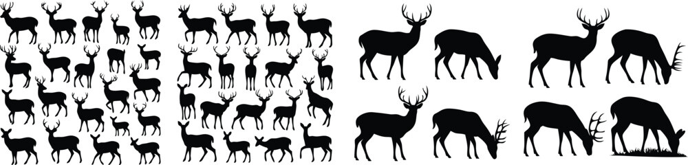 Naklejka premium Collection of Deer Silhouettes Featuring Bucks, Does, Fawns Standing and Grazing on White Background