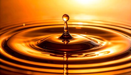 A golden liquid drop splashes, creating concentric ripples with a warm glow.