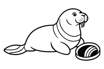Cute cartoon walrus with tusks and a ball