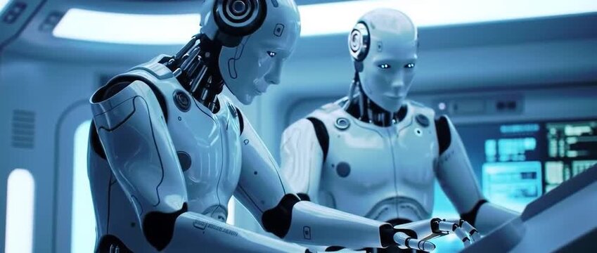 Futuristic Robotic Technicians Operating Glowing Panels in Sci-Fi Hospital &mdash; Precision Movement and Advanced Medical Tech

