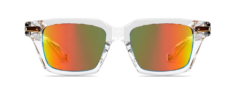 High-concept sunglasses with crystal frame and UV-reactive lenses
