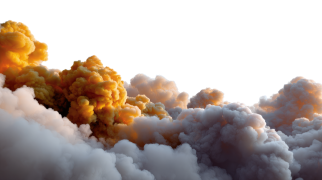 Explosive Cloudscape: A dramatic capture of a colossal cloudscape, a dance of smoke and dust billowing against the sky, filled with tones of intense color and explosive energy.